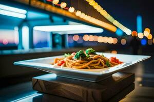 a plate of pasta with broccoli and tomatoes on a table. AI-Generated photo