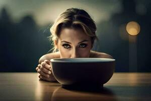 a woman is looking at a bowl of soup. AI-Generated photo