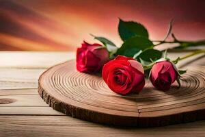 roses on a wooden table with a sunset in the background. AI-Generated photo