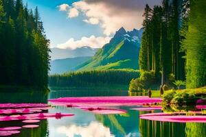 pink lily pads in a lake surrounded by trees. AI-Generated photo