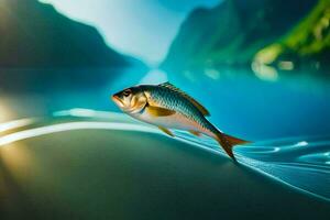 un pescado es en pie en el borde de un río. generado por ai foto