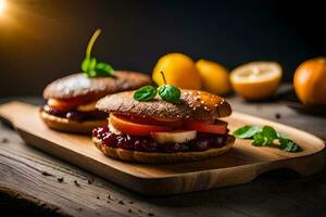 two sandwiches with fruit and vegetables on a wooden board. AI-Generated photo