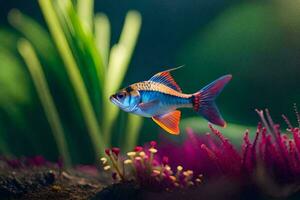 a fish in an aquarium with purple plants. AI-Generated photo