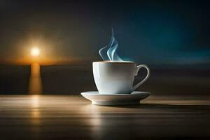 a cup of coffee on a table with the sun in the background. AI-Generated photo
