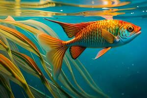 un naranja pescado nadando en el agua con césped. generado por ai foto