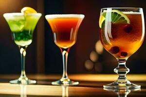 three different types of alcoholic drinks in glasses. AI-Generated photo