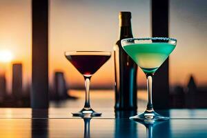 two cocktails sit on a table with a sunset in the background. AI-Generated photo
