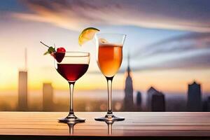 two glasses of wine and a cocktail on a table with a city skyline in the background. AI-Generated photo