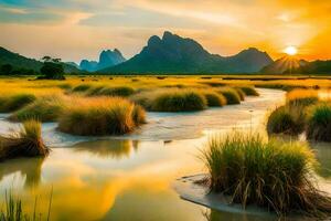 the sun sets over a marshy field with tall grass. AI-Generated photo