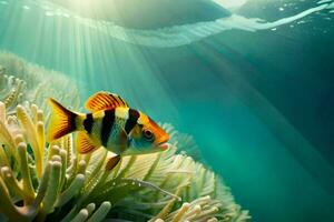 a fish swimming in an anemone with sunlight shining through. AI-Generated photo