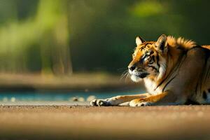 un Tigre tendido abajo en el suelo cerca agua. generado por ai foto