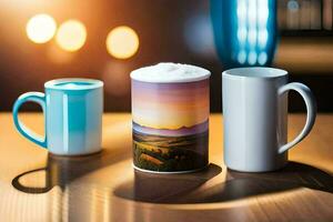 two mugs with a picture of a sunset on them. AI-Generated photo