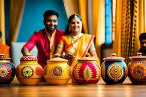 a couple in indian attire standing in front of colorful pots. AI-Generated photo