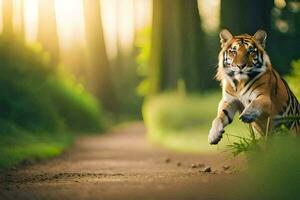 un Tigre corriendo en un camino en el bosque. generado por ai foto