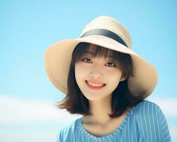 Cheerful asian girl enjoying summer AI Generative photo