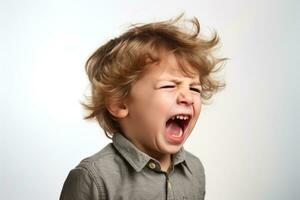 Portrait of a boy in hysterics, isolated on a white background. AI-Generated photo