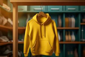 Yellow sweatshirt with hood and pocket hanging on a hanger. AI Generated photo