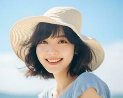 Cheerful asian girl enjoying summer AI Generative photo