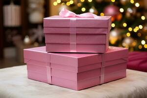 A set of pink gift boxes near the Christmas tree. AI generated photo