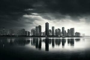 Landscape of a modern city with high-rise buildings along the coast, black and white photo. AI generated photo