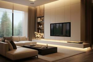 Minimalist style interior design of modern living room with tv. AI Generated photo