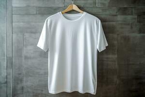 A white T-shirt is hanging on a hanger. AI generated photo