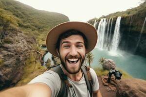 A male traveler in a hat takes a selfie against the backdrop of a waterfall. AI-Generated photo