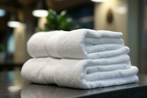 A white terry towel is lying in the hotel. AI-Generated photo