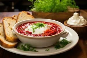 rojo sopa de remolacha con agrio crema. ai generado foto