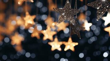 Banner with a garland of shiny stars made of gold paper, Christmas background with bokeh lights. AI Generated photo