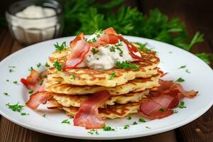 Potato pancakes draniki with bacon and sour cream. AI Generated photo