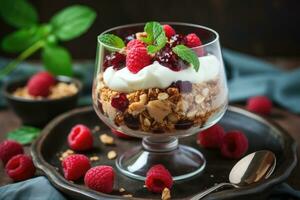Granola with yogurt and raspberries. AI-Generated photo