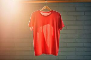 A red T-shirt is hanging on a hanger in the room near the window. AI generated photo