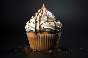 Vanilla cupcakes with buttercream and chocolate syrup, cane sugar. AI generated photo