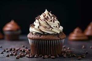 A chocolate cupcake with cottage cheese cream and chocolate chips stands. AI Generated photo