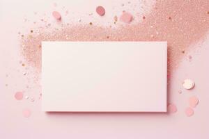 un Bosquejo de un rosado tarjeta postal soportes en un rosado mesa con lentejuelas y pedrería. ai generado foto