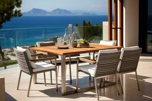 el terraza de un moderno casa y hotel. lujo al aire libre comida mesa con sillas. ai generado foto