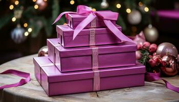 A set of pink gift boxes near the Christmas tree. AI generated photo