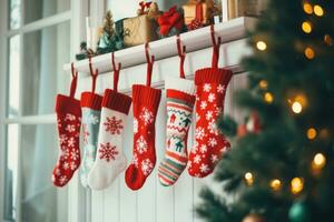 Christmas socks are hanging near the front door. AI Generated photo
