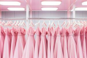 Pink dresses are hanging on a hanger in the store. AI Generated photo