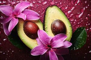 Fresh juicy avocado halves and flowers painted pink with water droplets. AI-Generated photo