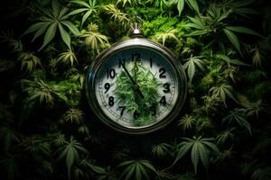 Marijuana Leaves with a clock. AI generated photo