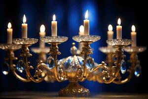 Close-up of a beautifully lit Hanukkah menorah. AI generated photo