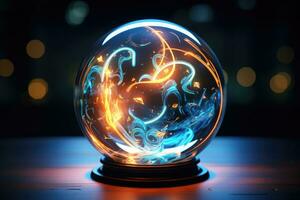 A glass ball on a stand with neon current discharges inside. AI-Generated photo