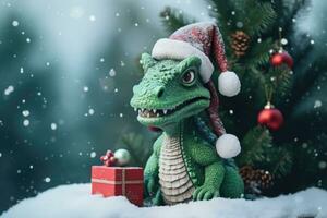 Green wooden dragon near the Christmas tree. AI generated photo