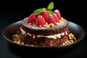 Chocolate layer cake with raspberries and cream. AI Generated photo