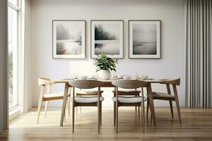 The interior of a modern kitchen and living room with a dining table and frames on the wall. AI generated photo