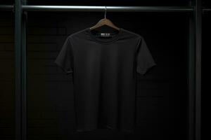 A mock-up of a black T-shirt is hanging on a hanger. AI Generated photo