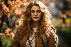 A student girl with a backpack and glasses in the park in autumn. AI-Generated photo