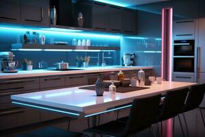 Interior of a modern kitchen with neon lighting. AI-Generated photo